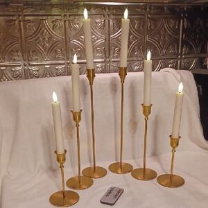 Elegant Gold Candle Holder Set 6 Brass Candlesticks With Remote Control Candles